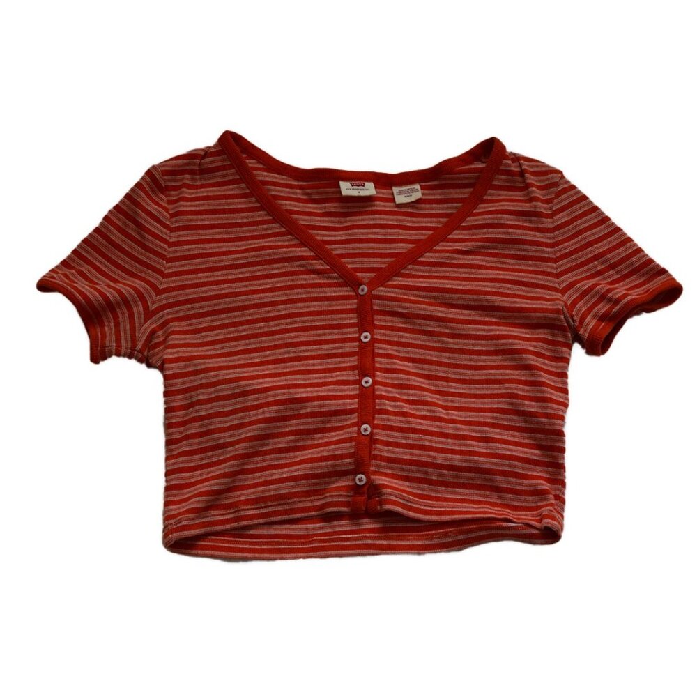 Levi's Girl's Button Up Short Sleeve T-shirt Orange Stripe -  Size M